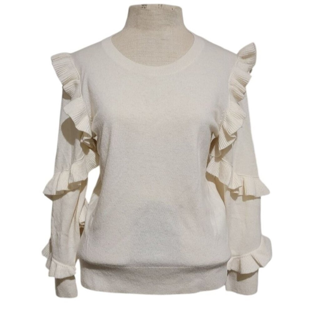 Banana Republic Womens Merino Wool Sweater Small Ruffle  Italian Yarn Ivory